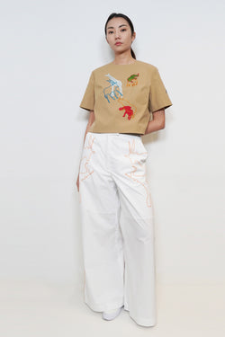 Chain-Outline Embroidery Wide-leg Pants