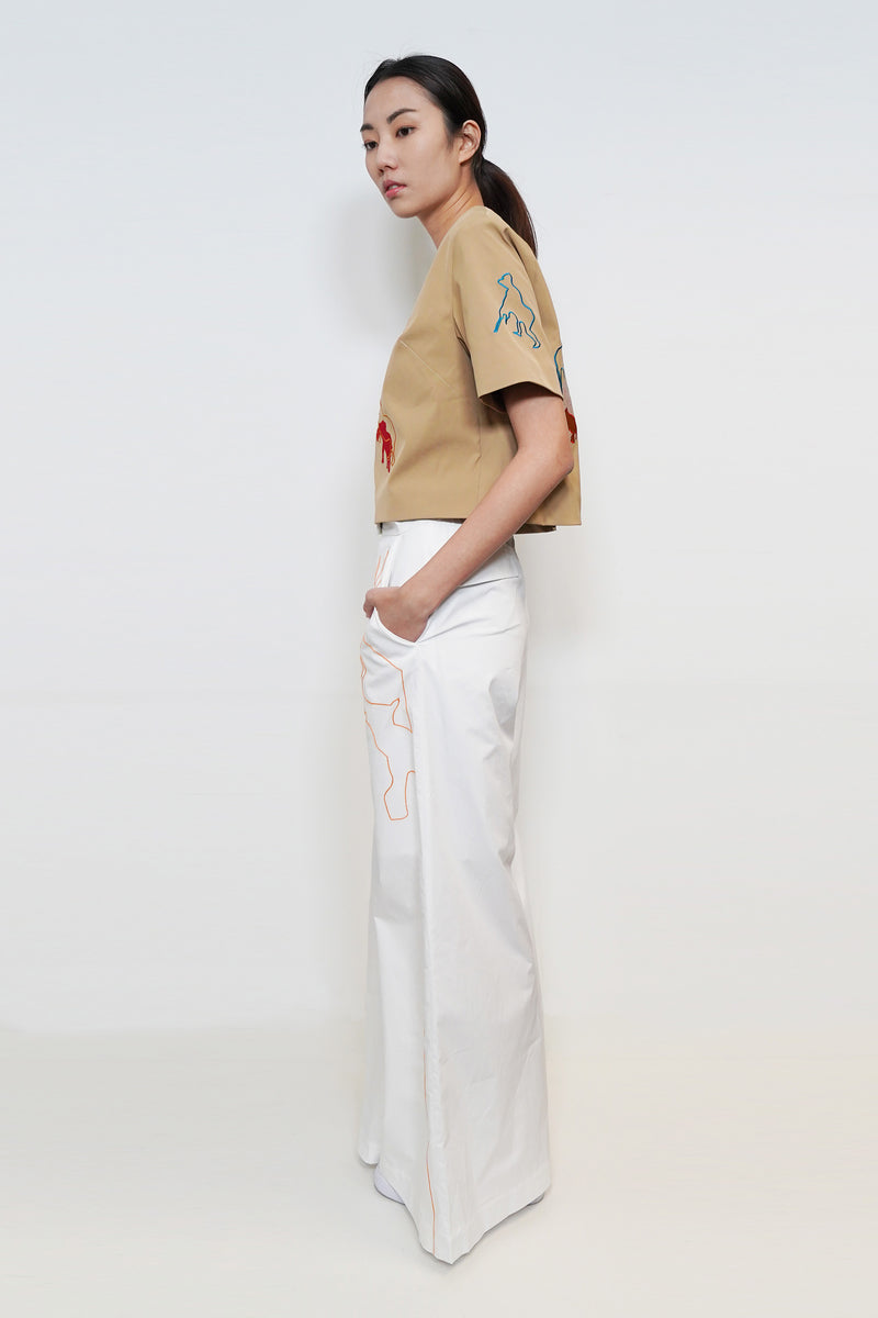 Chain-Outline Embroidery Wide-leg Pants