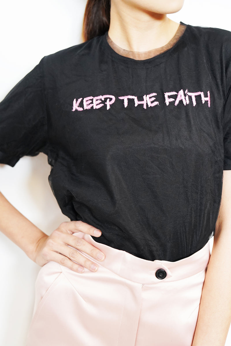"Keep in Faith" Slogan Embriodery Mesh Top